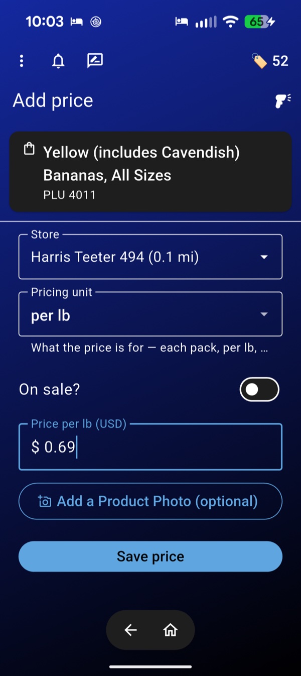 Westie add price screen with store, pricing unit and price fields