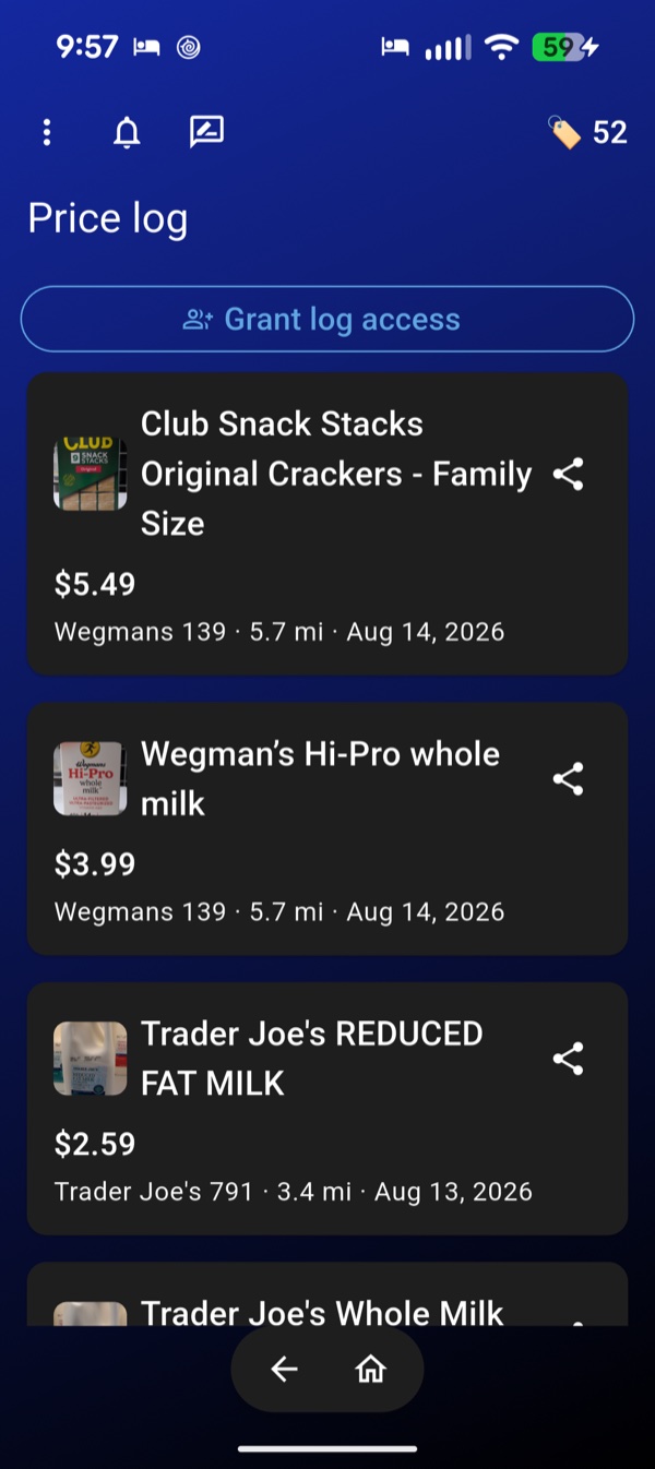 Westie price log listing recently logged prices with product photos, stores and dates