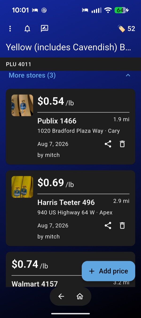 Westie product details for bananas, showing per-pound prices at Publix, Harris Teeter and Walmart with photos and store addresses