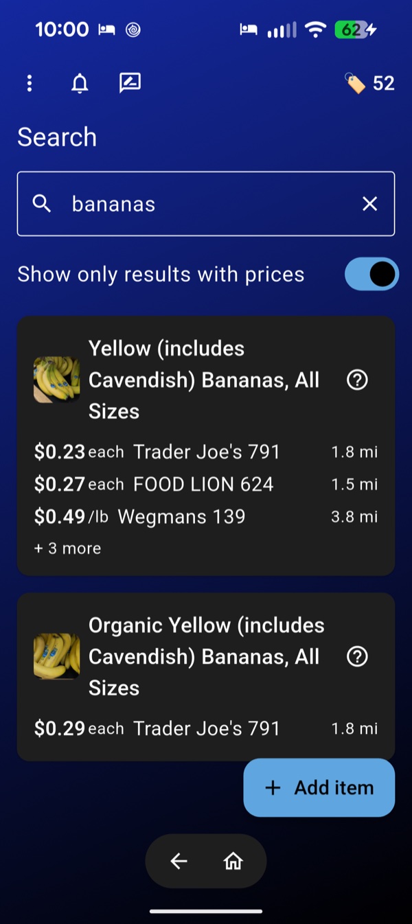 Westie search results for bananas, showing prices at Trader Joe's, Food Lion and Wegmans with each and per-pound units
